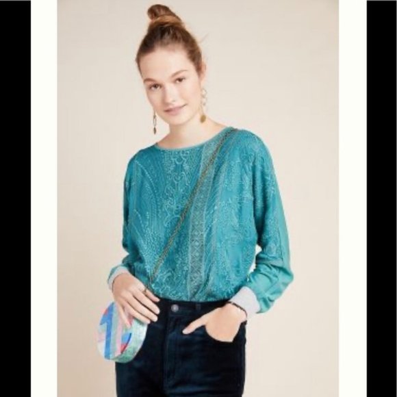 NWT Anthropologie Teal Green Tiny Kate Lacey Boho Batwing Embroidered Top Sz M - Picture 2 of 10
